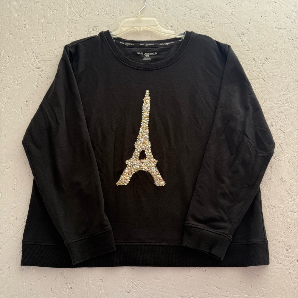 Karl Lagerfeld Black Tee with Sequined Eiffel Tower Size Large Long Sleeve - Picture 2 of 8